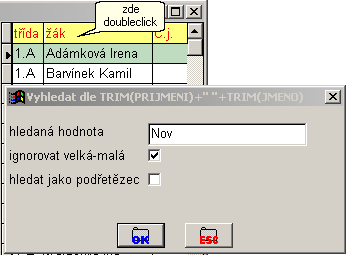 vyhledávání pomocí doubleclick v hlavičce sloupce