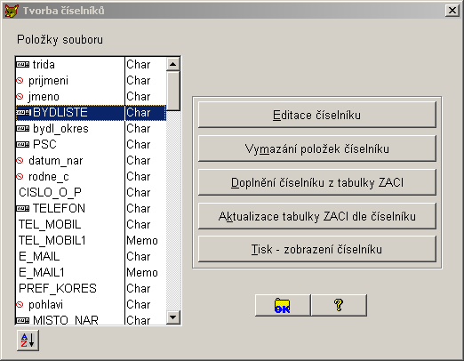 dialog definice číselníků